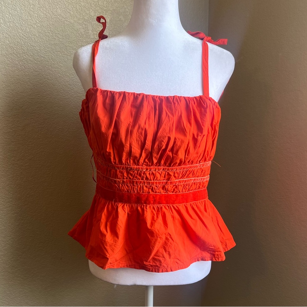 Anthropologie Maeve Orange Red Tie Shoulder Spaghetti Strap Peplum Top Medium